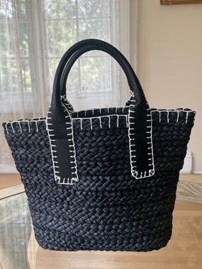 Black Woven Tote Bag with Contrast Stitching